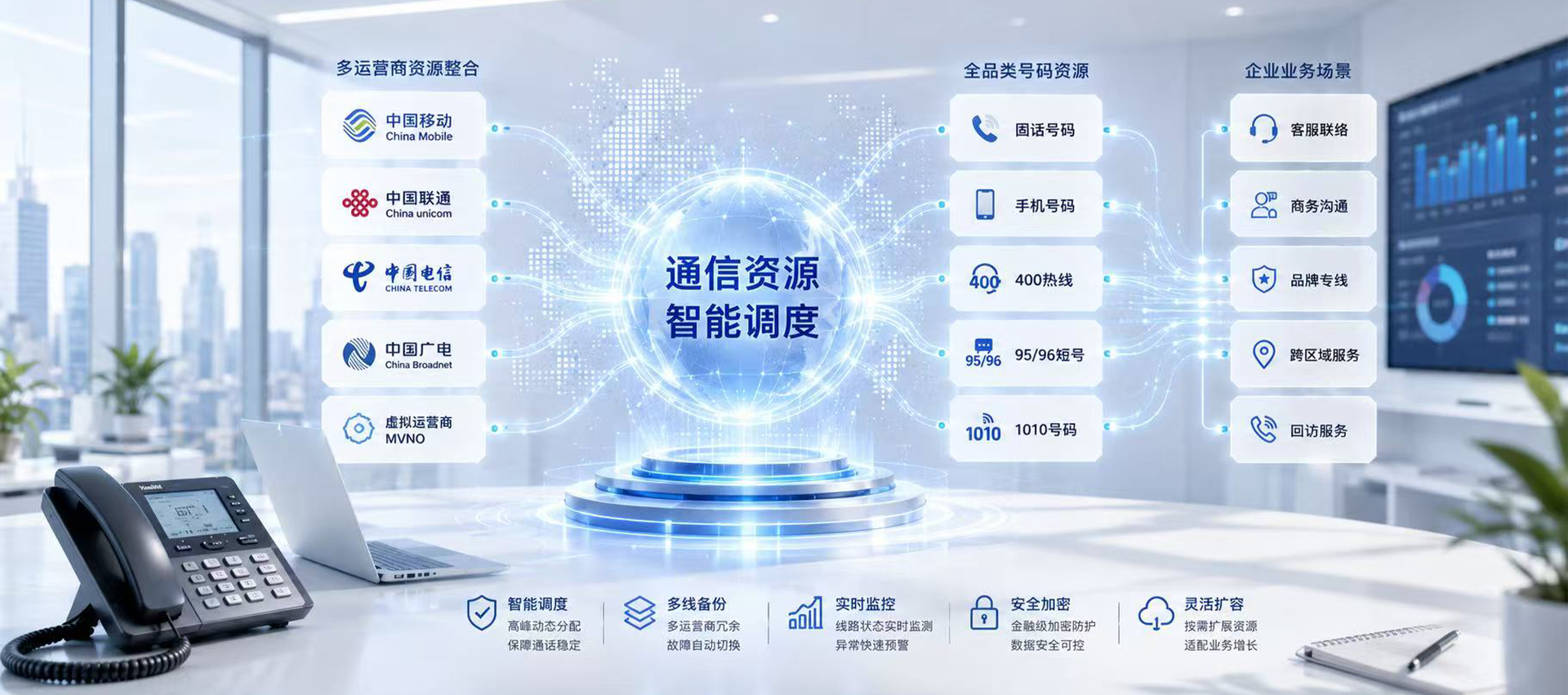云通SIPX，整合移动、联通、电信、广电及虚拟运营商资源，覆盖多业务场景，支持智能调度、多线备份、实时监控