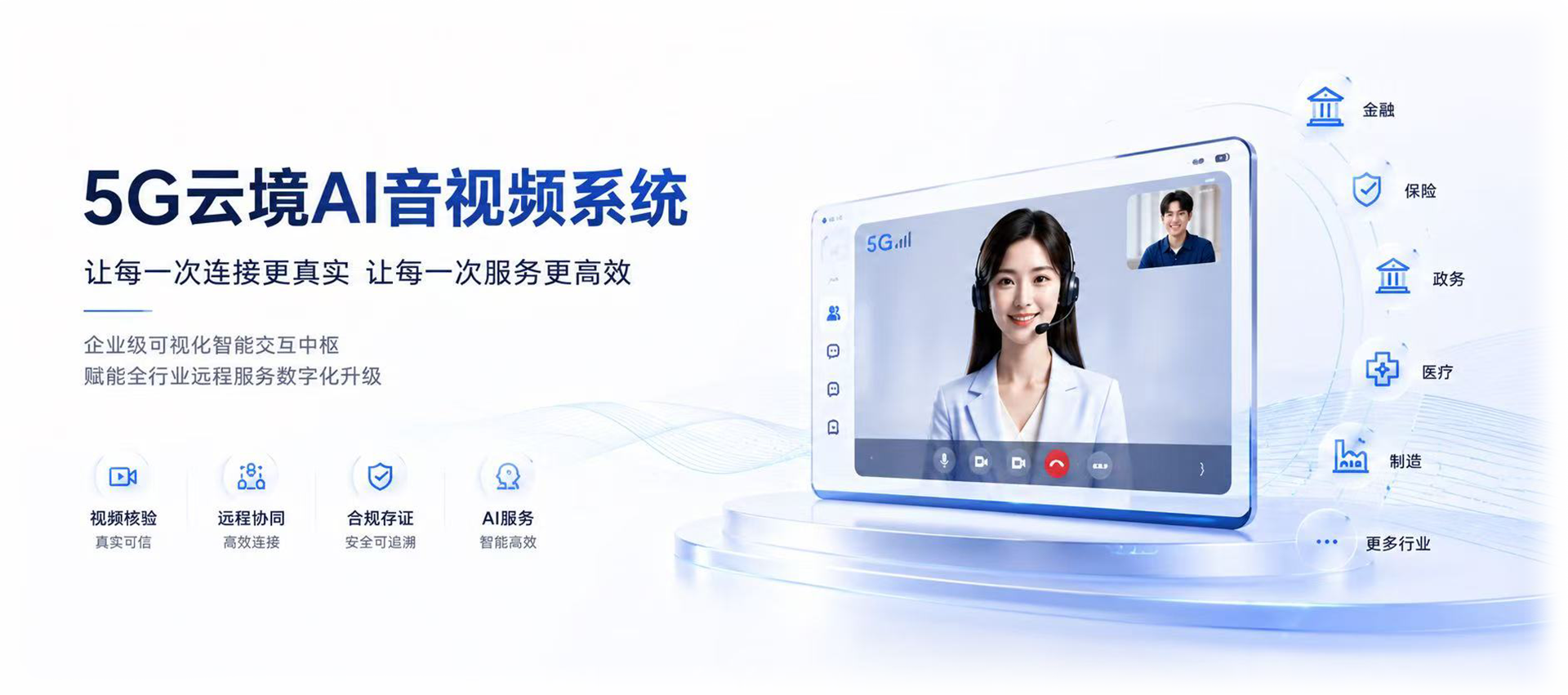 5G云境AI音视频系统，覆盖金融、保险、政务、医疗、制造等行业，提供视频核验、远程协同、合规存证与AI服务，实现真实、高效、安全、智能的远程交互。